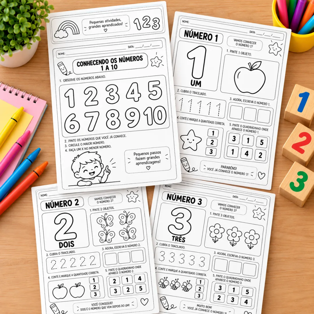20 Atividades de matemática Números e Quantidades de 1 a 10 para Educação Infantil – PDF para Imprimir