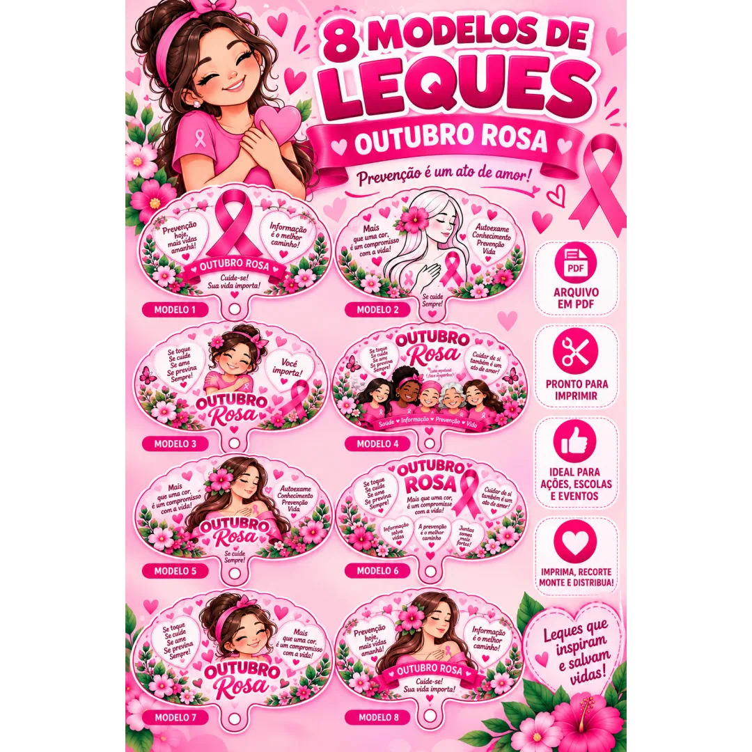 8 Modelos de Leques Outubro Rosa Educação Infantil Fundamental PDF
