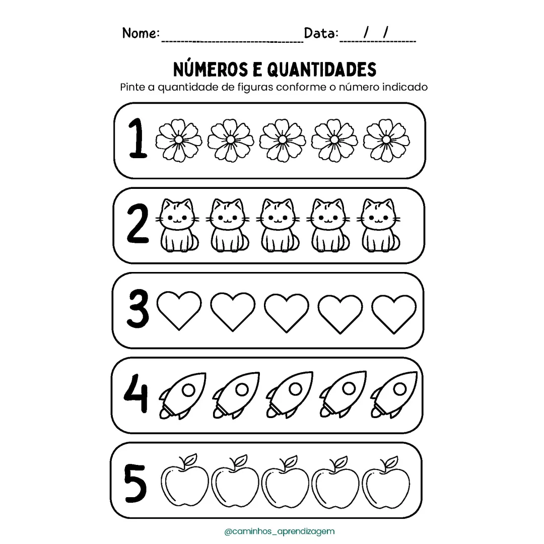 Atividade Números e Quantidades (1 a 5) - Educação Infantil - PDF
