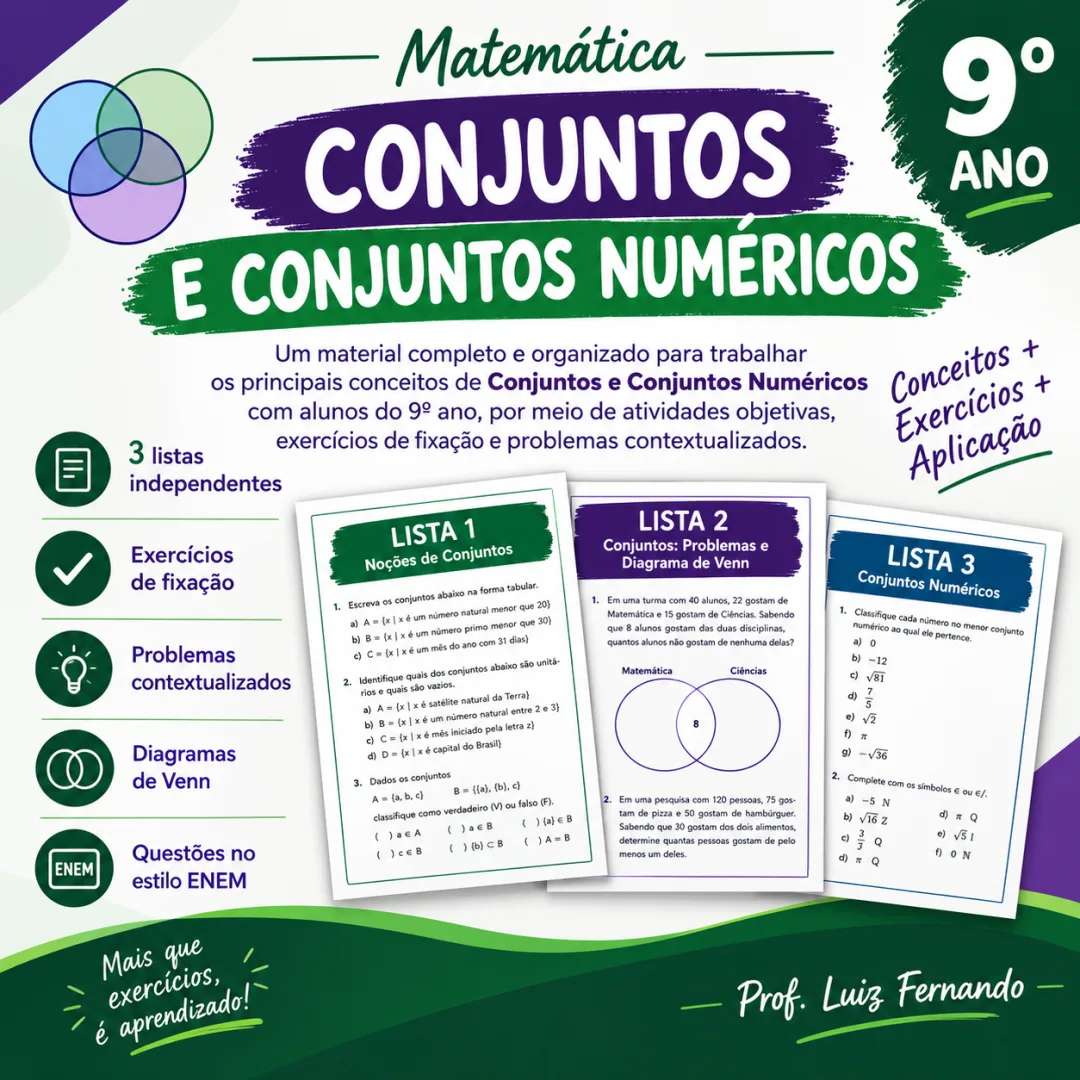 9º Ano - Conjuntos e Conjuntos Numéricos – Lista de Exercícios em PDF 