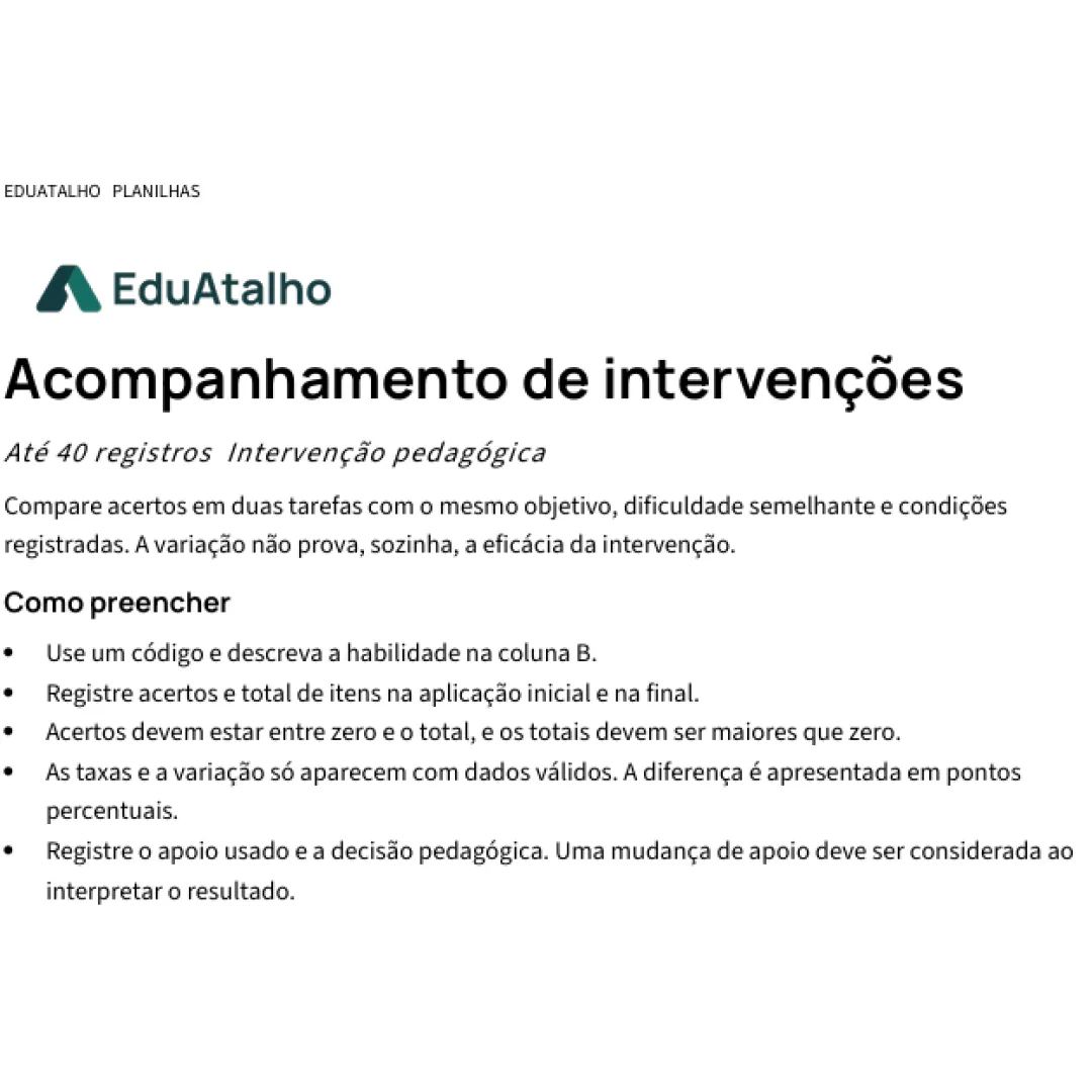 Acompanhamento de Intervenções – Planilha de Monitoramento da Aprendizagem em PDF