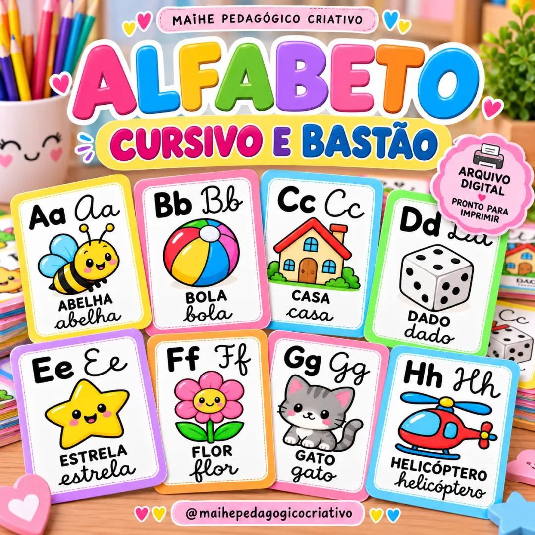 Alfabeto Cursivo Ilustrado de A a Z - Educação Infantil - Arquivo Digital