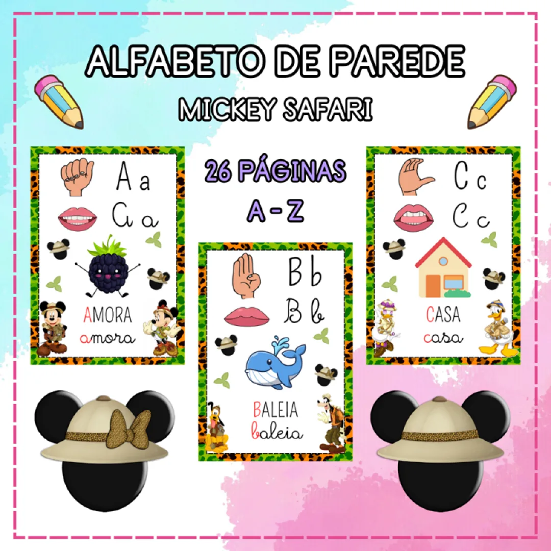 ALFABETO DE PAREDE FÔNICO E EM LIBRAS: MICKEY SAFARI