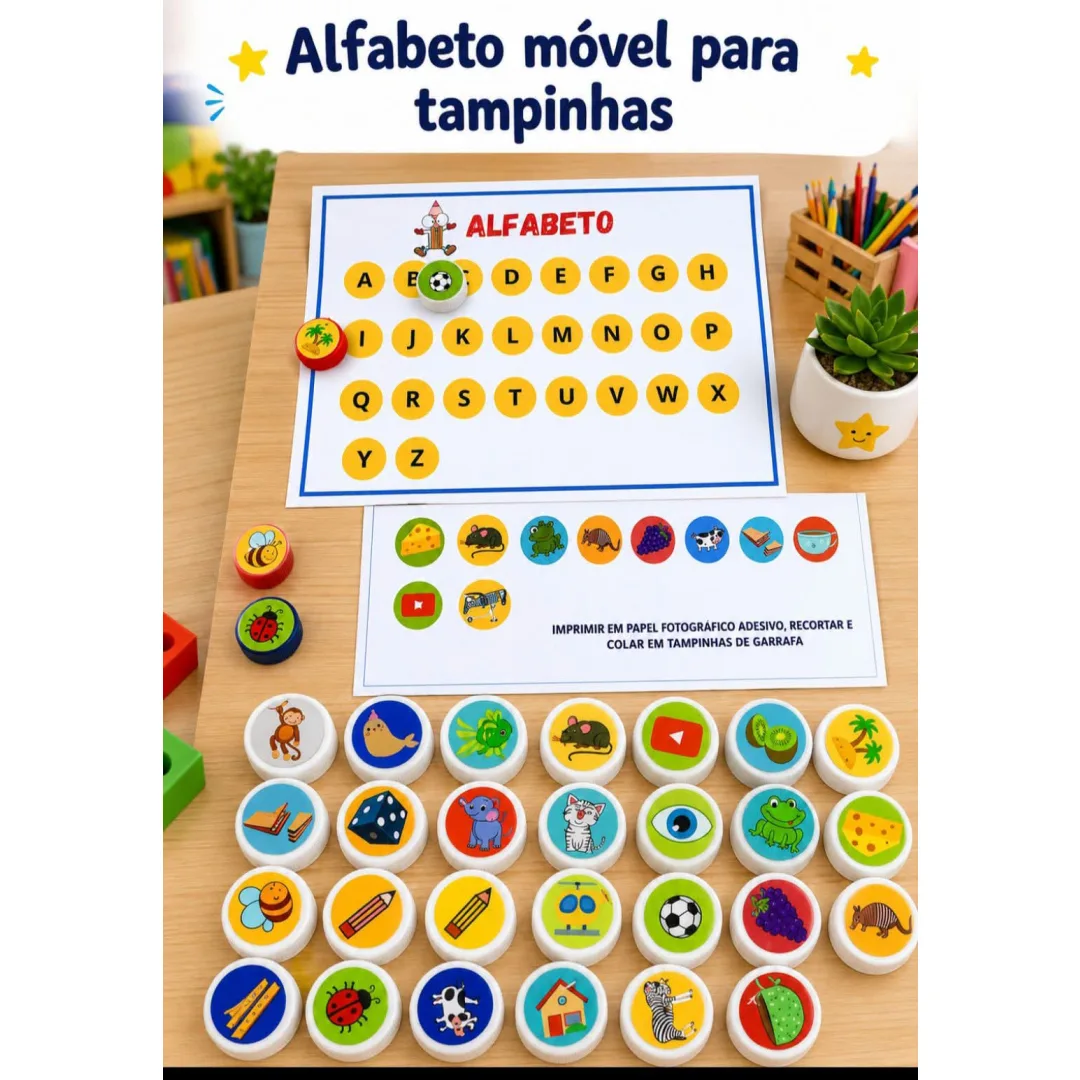 Alfabeto móvel para tampinhas PDF Ed infantil e fundamental 