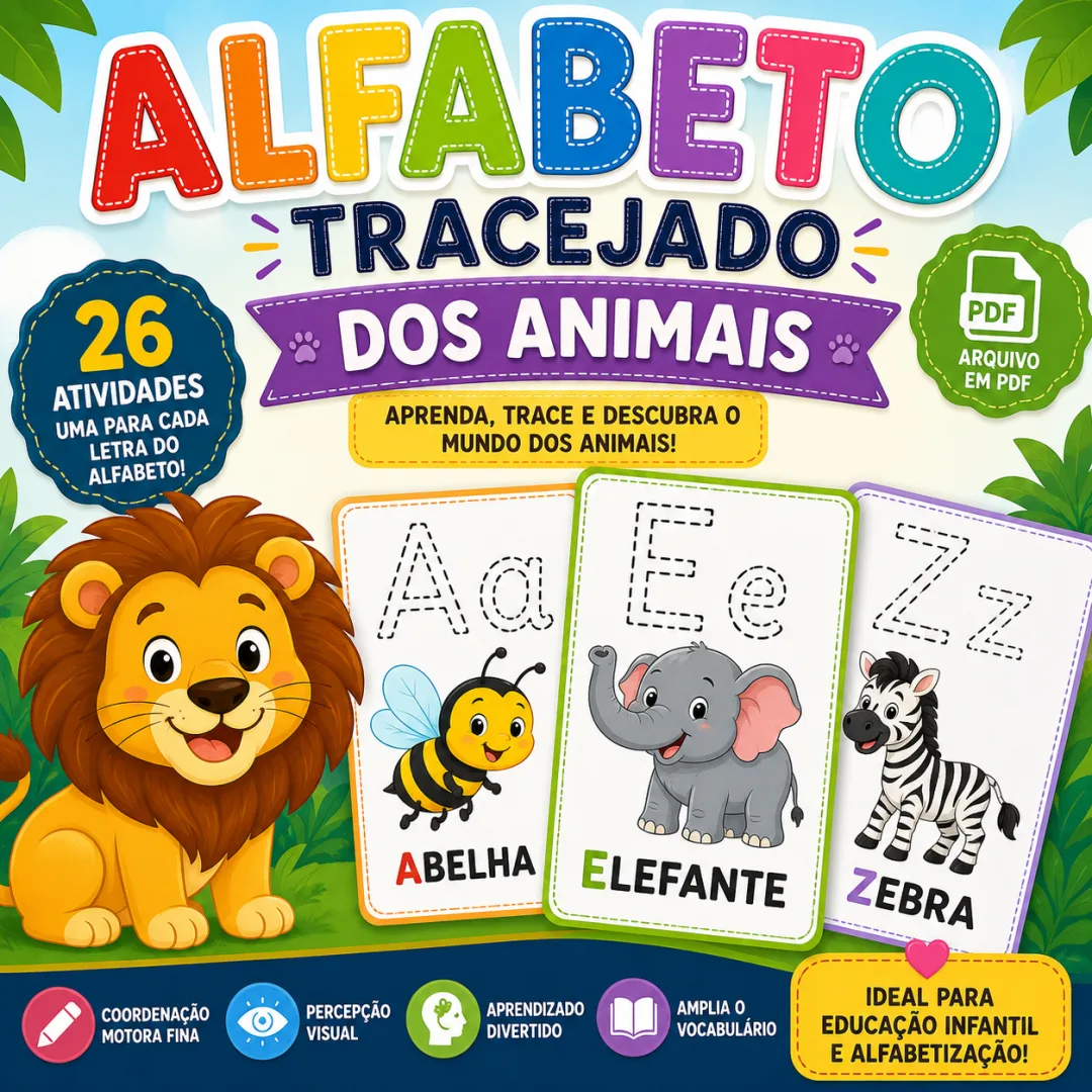Alfabeto Tracejado dos Animais - Educação Infantil - PDF com 26 atividades