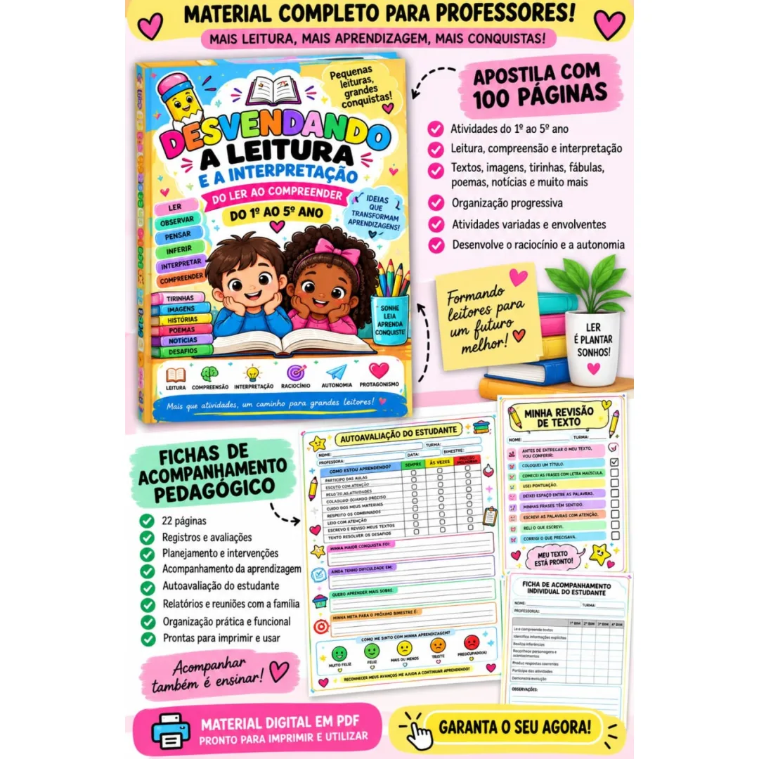 🌈*APOSTILA DESVENDANDO A LEITURA E A INTERPRETAÇÃO* ✅POR APENAS :💰12,90 Um material com 100 páginas, organizado de for