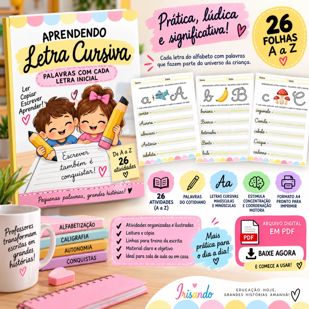 Aprendendo Letra Cursiva — A a Z, Educação Infantil, PDF, 26 Atividades