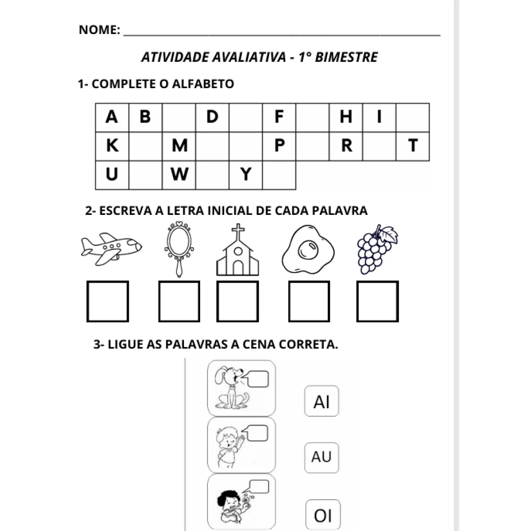 Atividade Avaliativa 1º Ano (Inicial) - Língua Portuguesa e Matemática - PDF