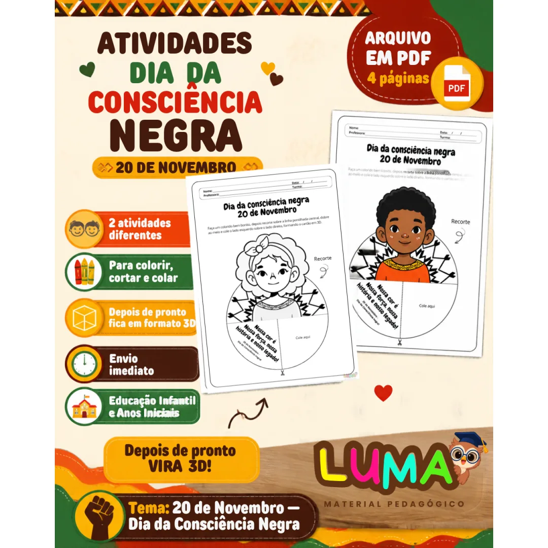 Atividade Lúdica Totem 3D - Consciência Negra - Educação Infantil - PDF 4 Páginas