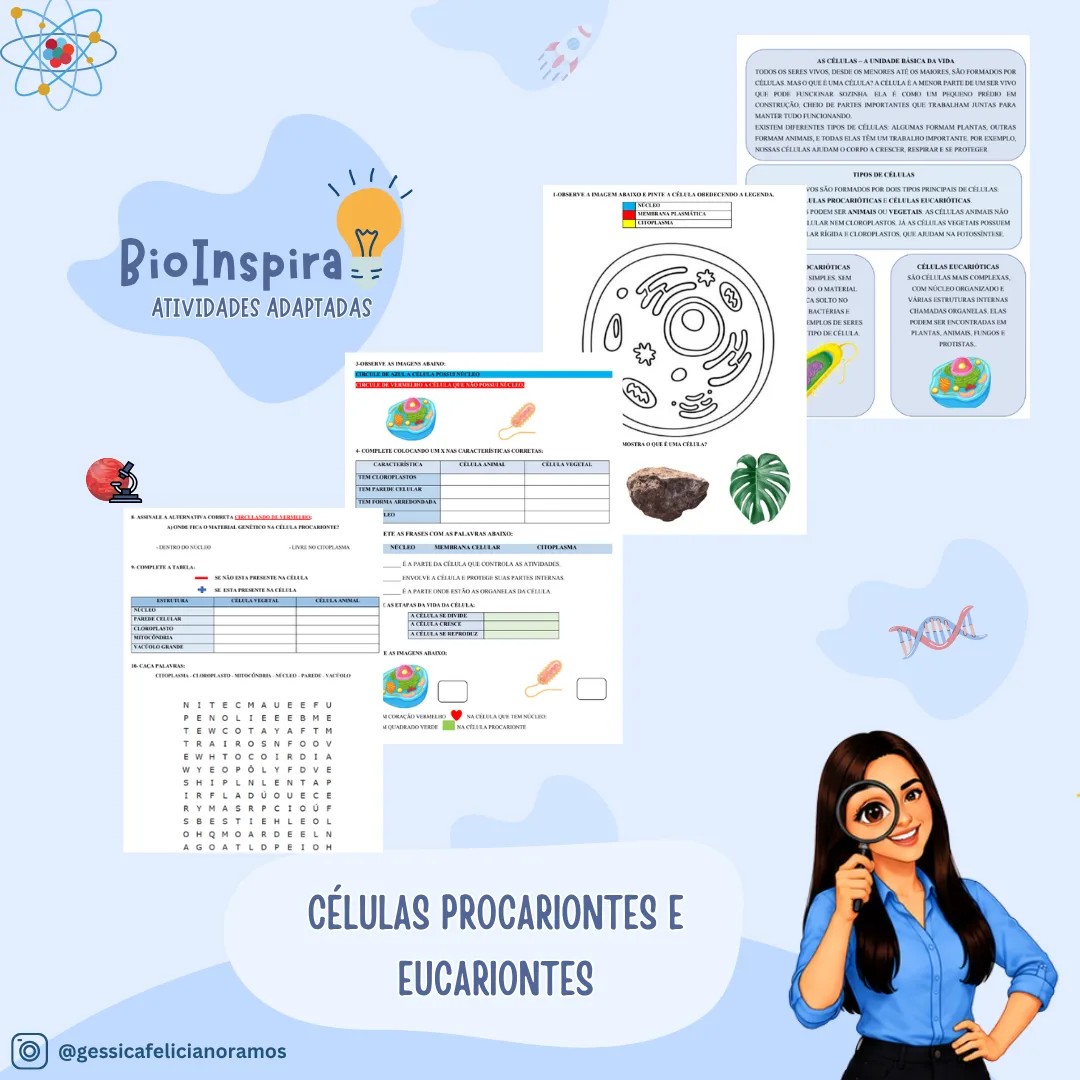 Atividades Adaptadas sobre Células: Procariontes e Eucariontes (Educação Especial e AEE) 🧫🔬