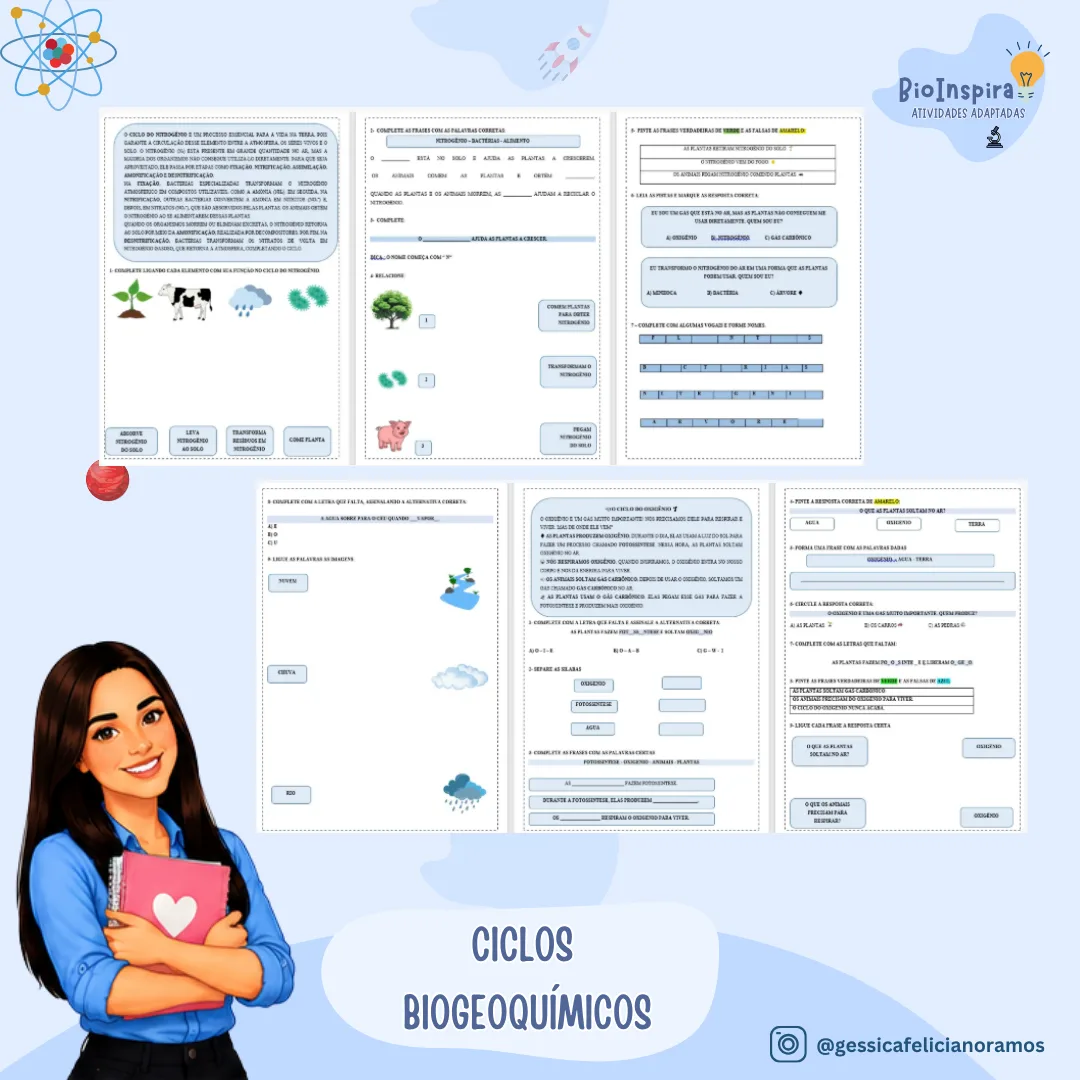 Atividades Adaptadas sobre Ciclos Biogeoquímicos: Água, Oxigênio, Nitrogênio e Carbono (Educação Especial e AEE) 🌍💧🌱