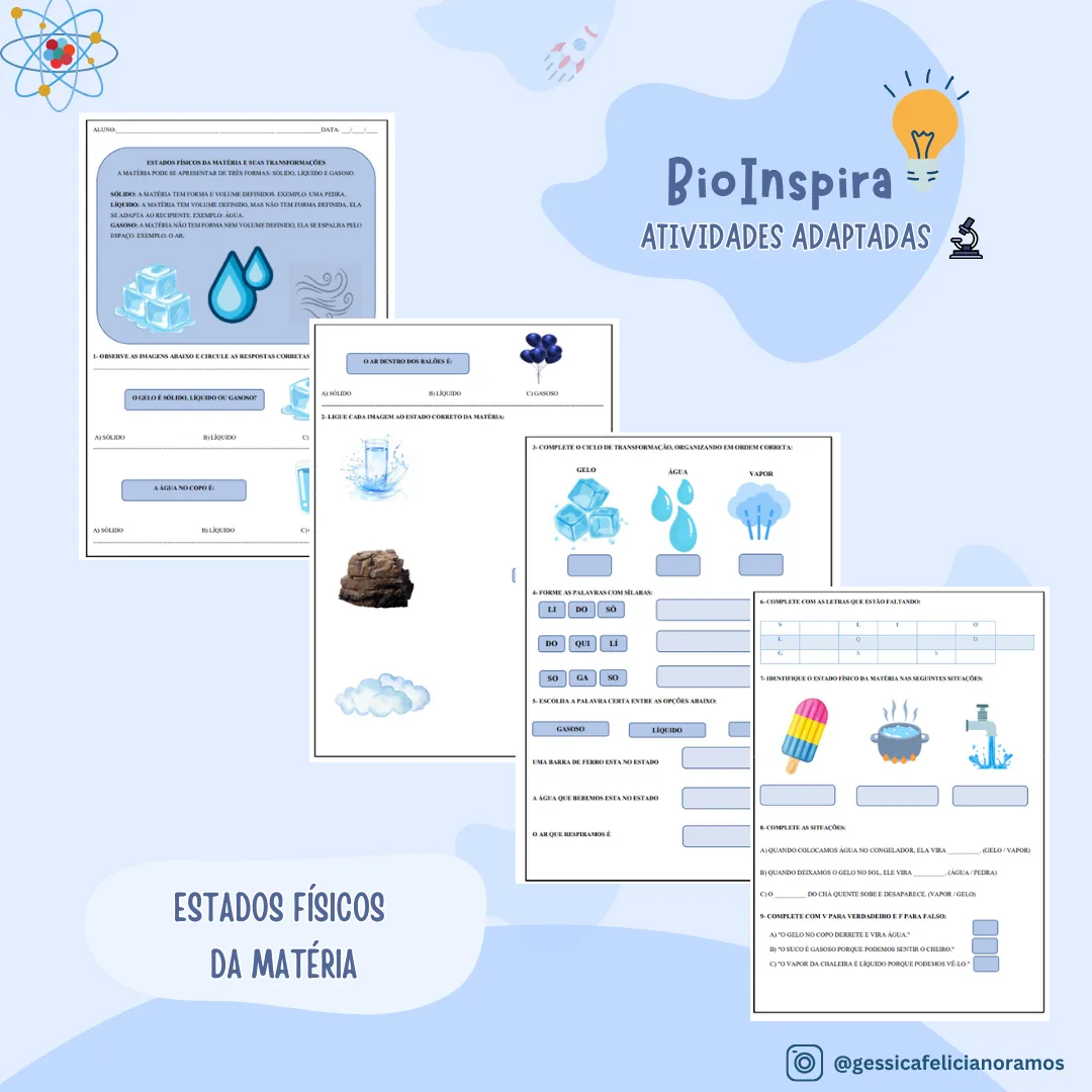 Atividades Adaptadas sobre Estados Físicos da Matéria: Sólido, Líquido e Gasoso (Educação Especial e AEE) 🧊💧☁️