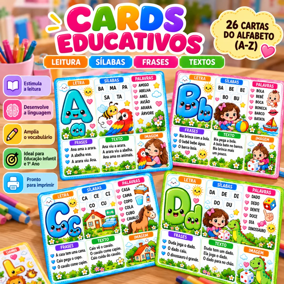 Atividades de Alfabetização Infantil Cards de Leitura, Sílabas, Palavras e Frases em PDF