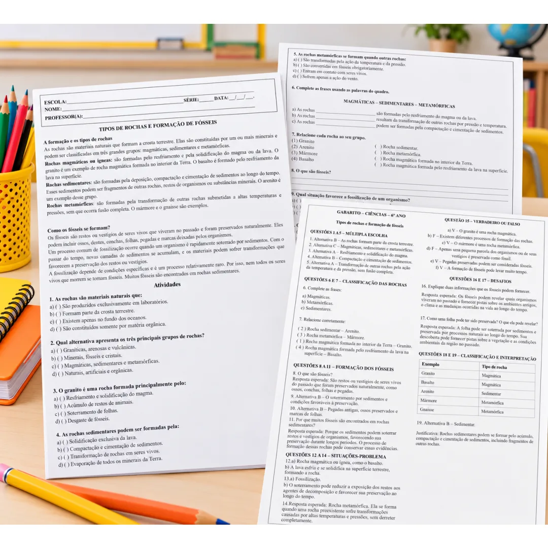 Atividades de Ciências 6º Ano – Rochas e Fósseis em PDF