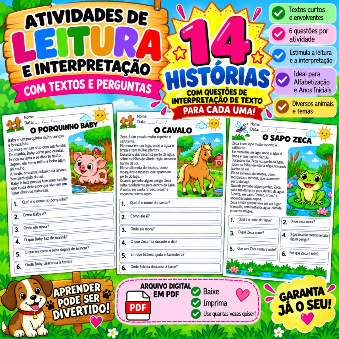 Atividades de Interpretação de Texto Educação Infantil – Historinhas com Animais em PDF