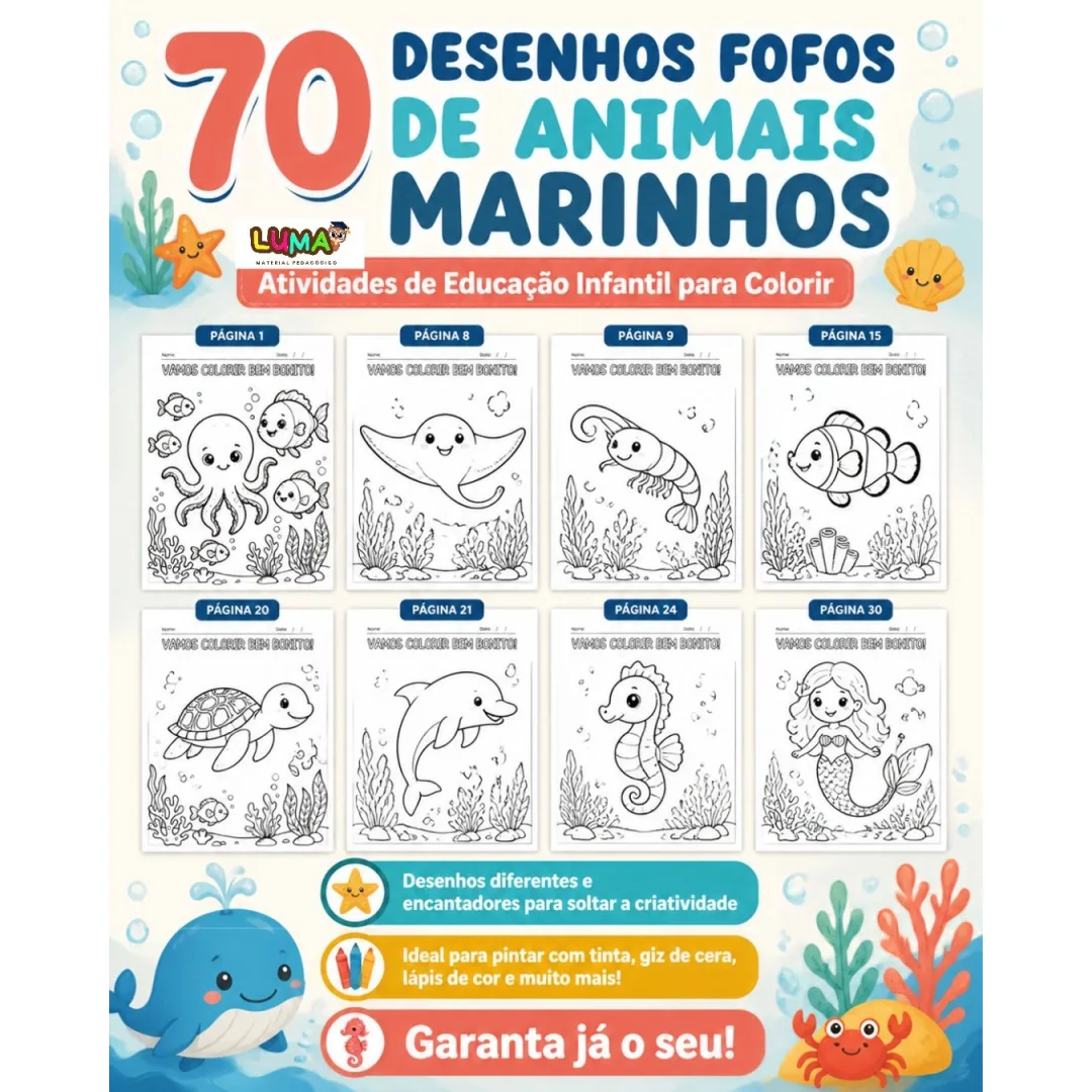 Atividades para Colorir: Animais Marinhos - Educação Infantil - 70 Desenhos em PDF