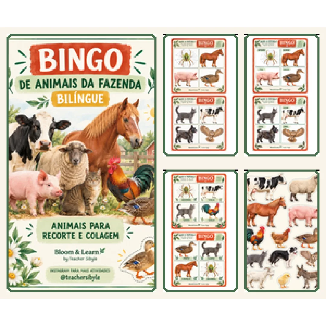 Bingo Bilíngue - Animais da Fazenda em PDF - Educação Infantil