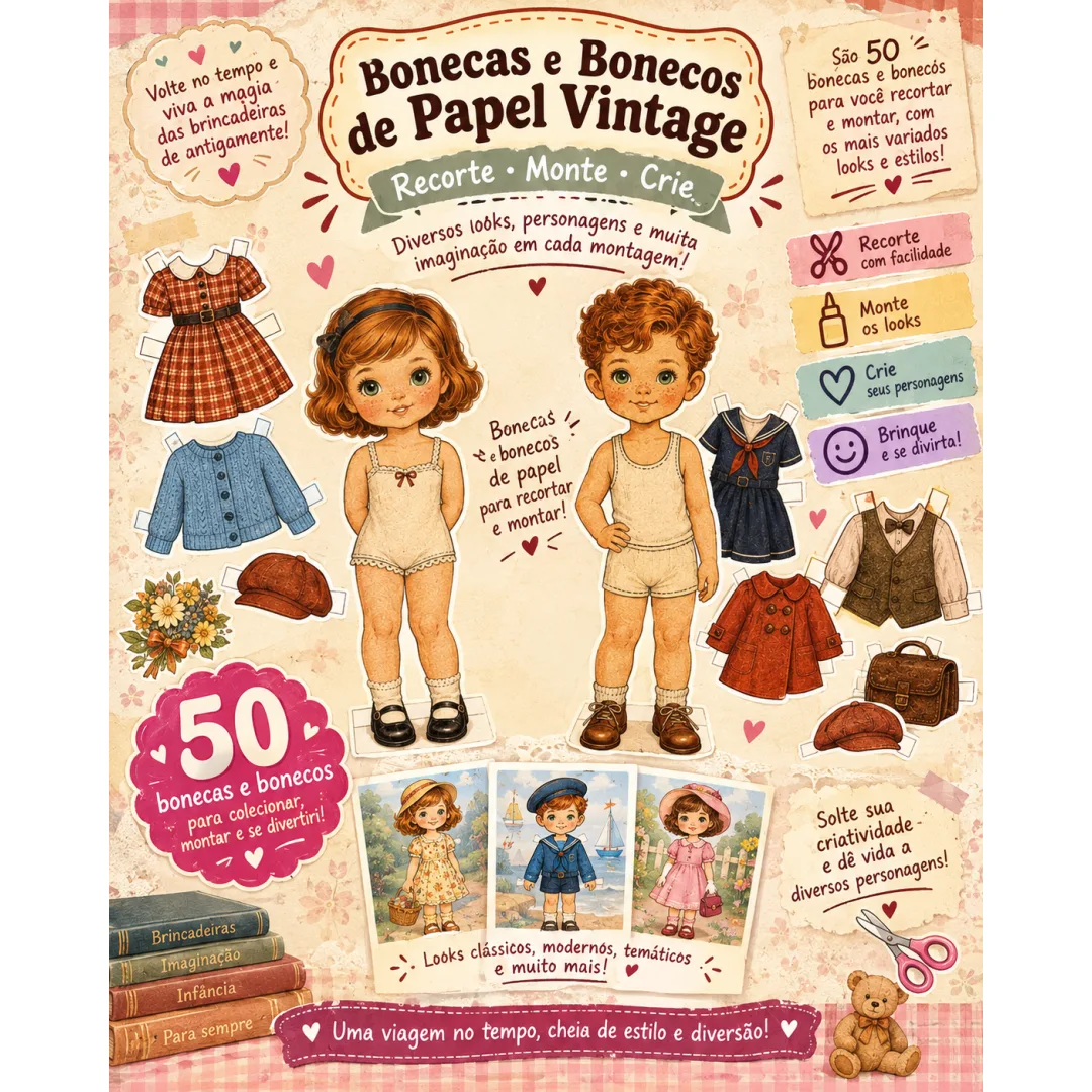 Bonecas de Papel Vintage - Kits Criativos - PDF (Crianças a Partir de 5 Anos de Idade Sob Supervisão de Um Adulto)