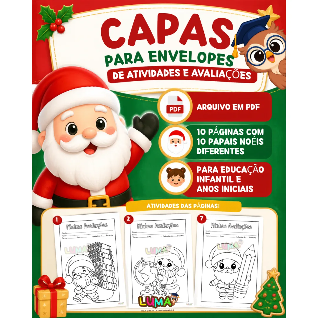 Capa para Envelope Minhas Avaliações - Natal - Educação Infantil e Anos Iniciais - PDF com 10 Páginas de papai noel