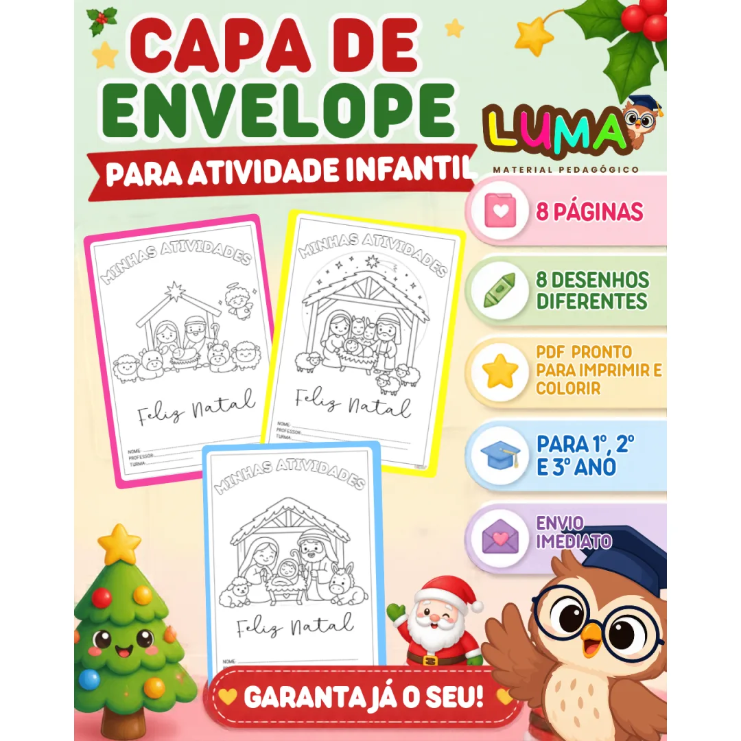 Capa para Envelope de Atividades - Natal - Educação Infantil - PDF com 8 Páginas