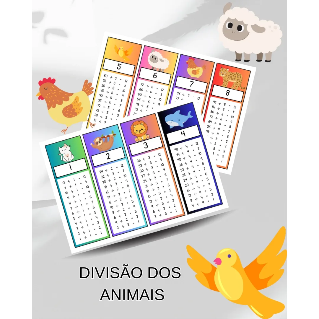 CARDS / CHAVEIRO / MARCA PÁGINAS DA TABUADA DA DIVISÃO: ANIMAIS