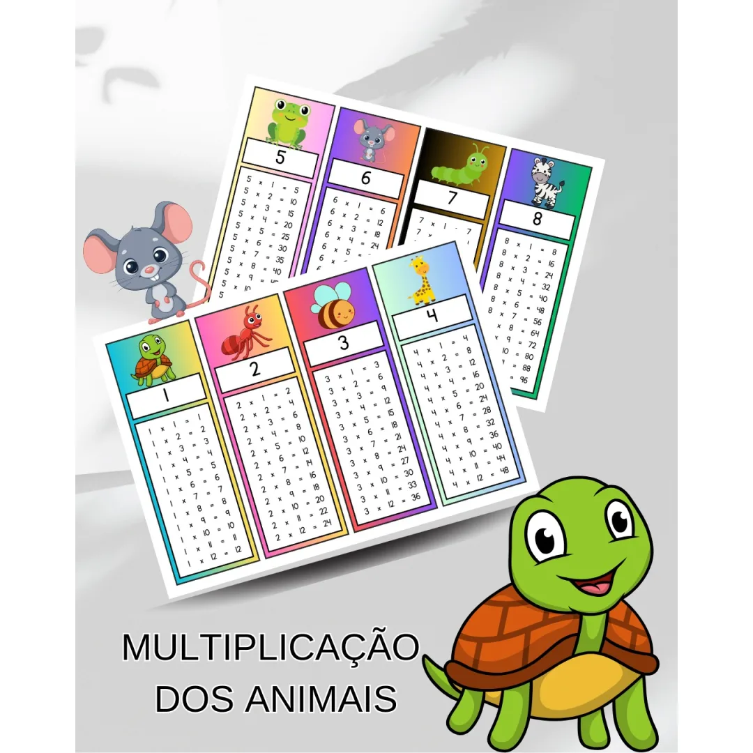 CARDS / CHAVEIRO  / MARCA PÁGINAS DA TABUADA DA MULTIPLICAÇÃO: ANIMAIS