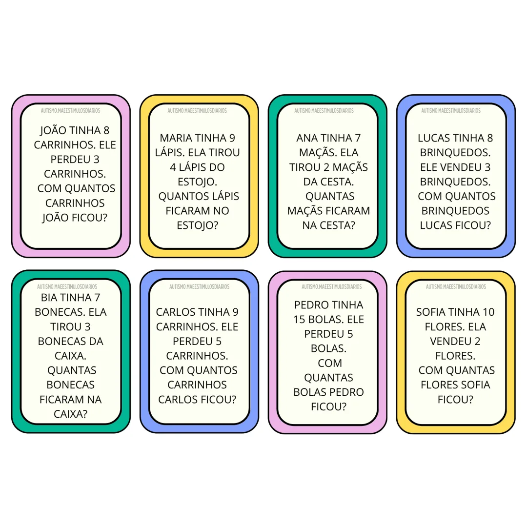 CARDS COM SITUAÇÕES-PROBLEMA PARA TRABALHAR RESPOSTA RÁPIDA