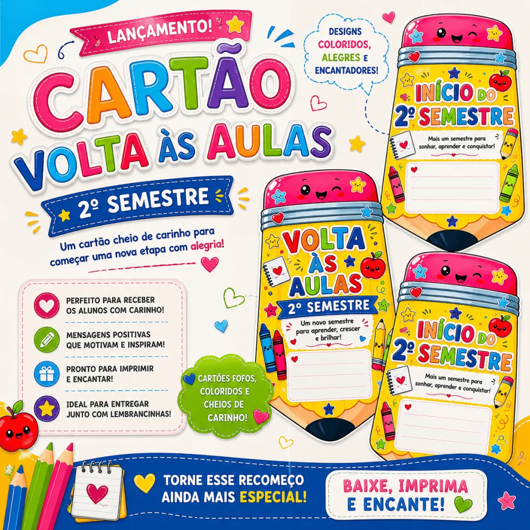 ✏️🌈 CARTÃO VOLTA ÀS AULAS — 2º SEMESTRE 🌈✏️