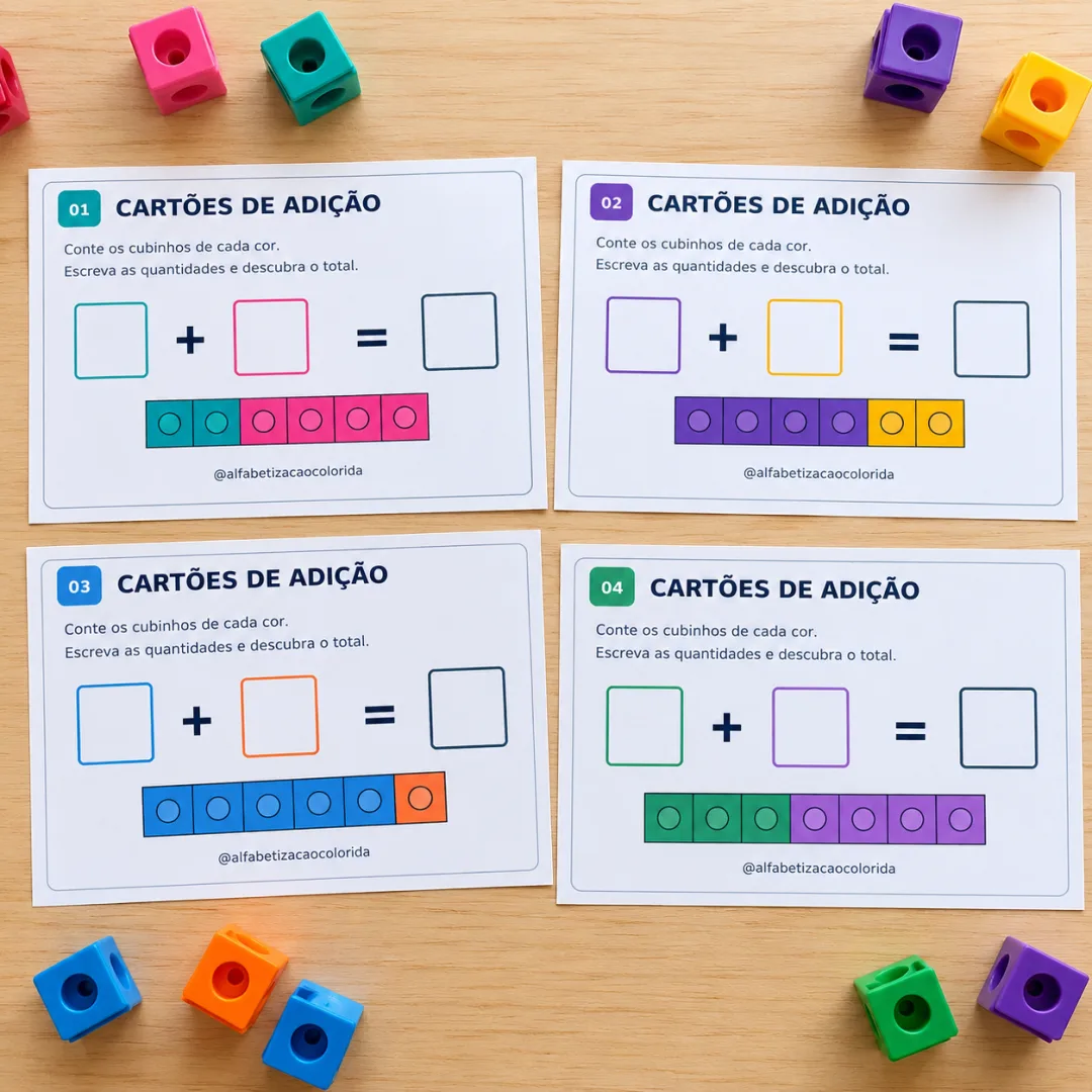 Cartões de Adição com Cubinhos Coloridos – 40 Atividades de Somas Até 10 em PDF