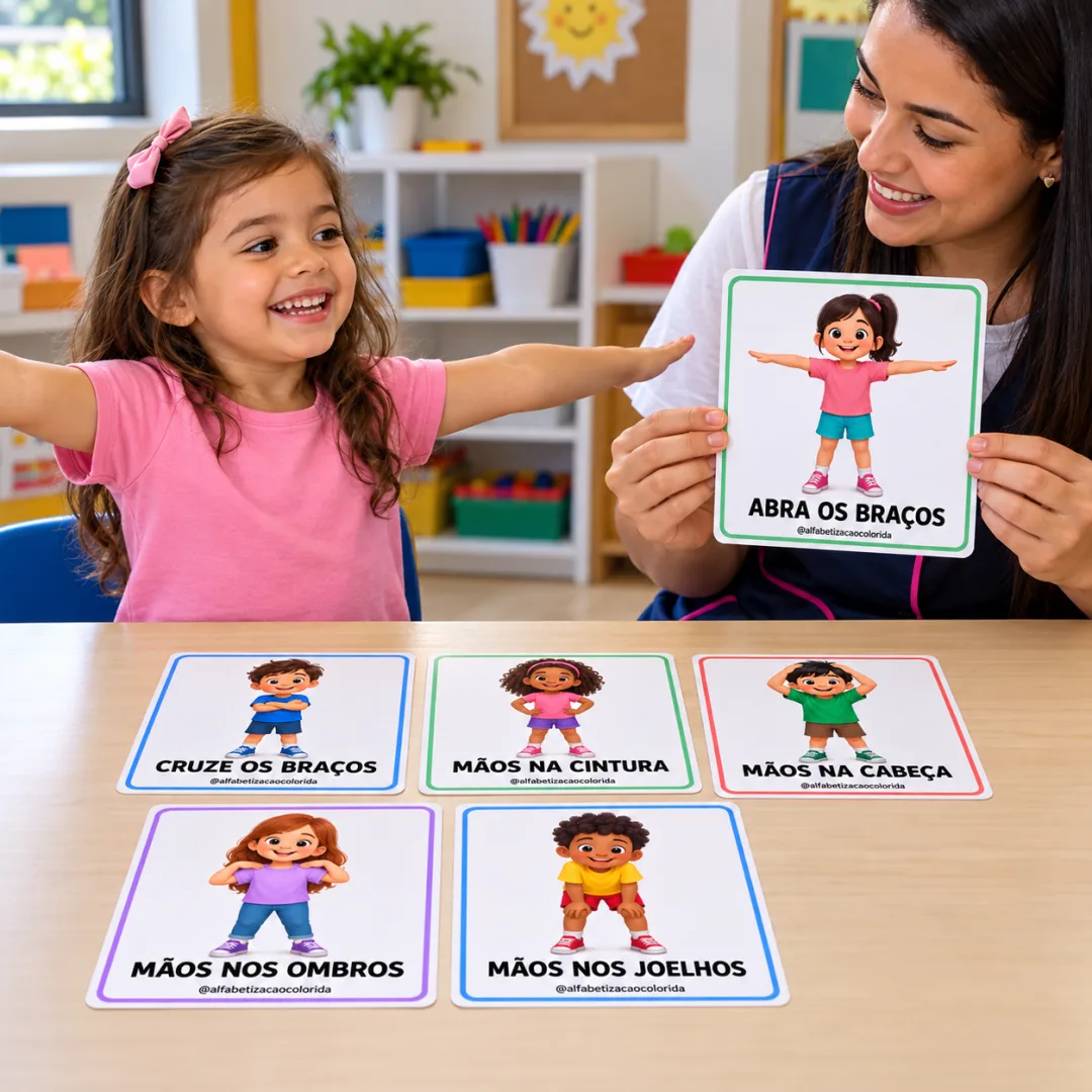 Cartões de Gestos e Movimentos em PDF – 24 Desafios de Imitação Infantil