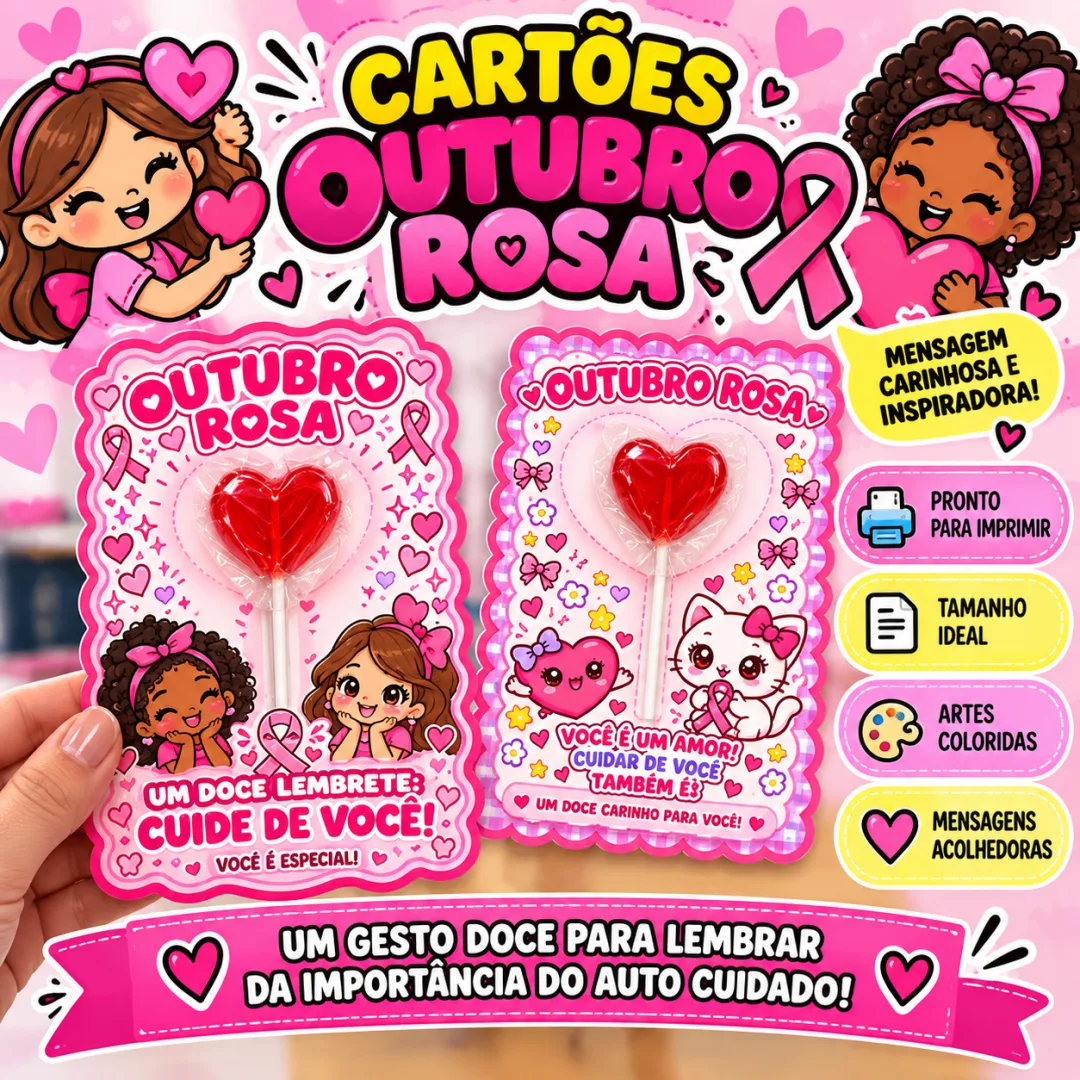 Cartões Outubro Rosa – Lembrancinha com Pirulito Anos Iniciais Em PDF!