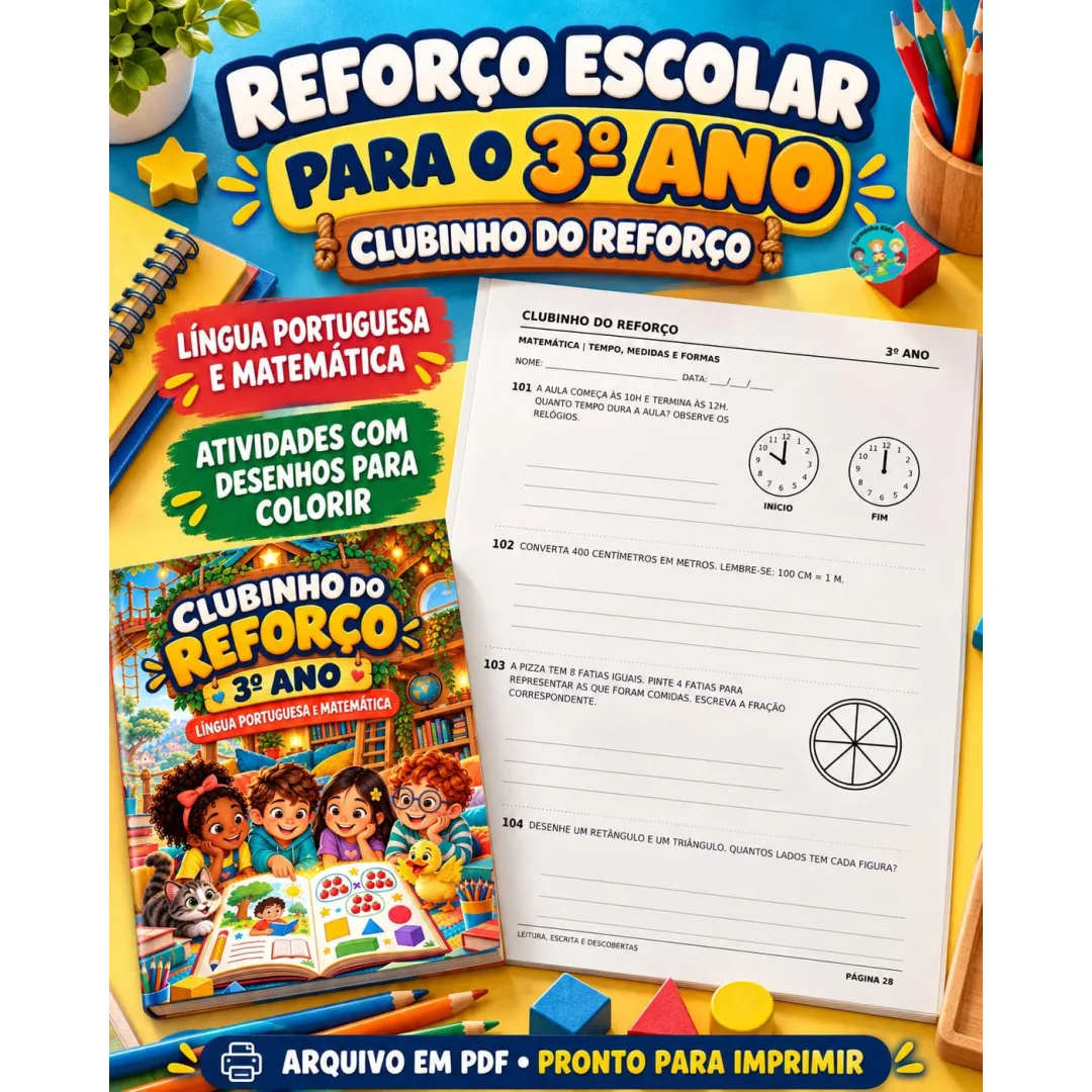 📚 CLUBINHO DO REFORÇO — 3º ANO ✏️✨ 💰9,99 Mais apoio para ensinar, revisar e praticar Língua Portuguesa e Matemática!  