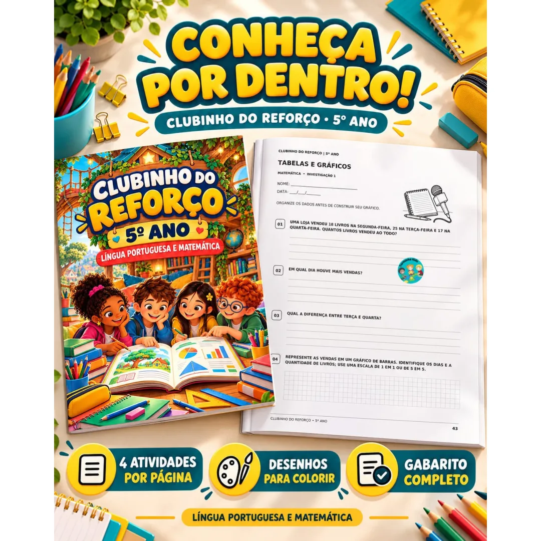 📚✨ CLUBINHO DO REFORÇO — 5º ANO  💰9,99 Um material para reforçar a aprendizagem com atividades de Língua Portuguesa e 