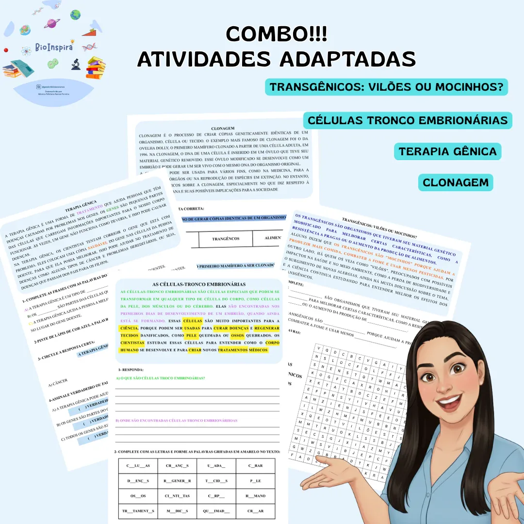 Combo de Atividades Adaptadas: Células-Tronco, Terapia Gênica, Clonagem e Transgênicos (Educação Especial e AEE) 🧬🔬