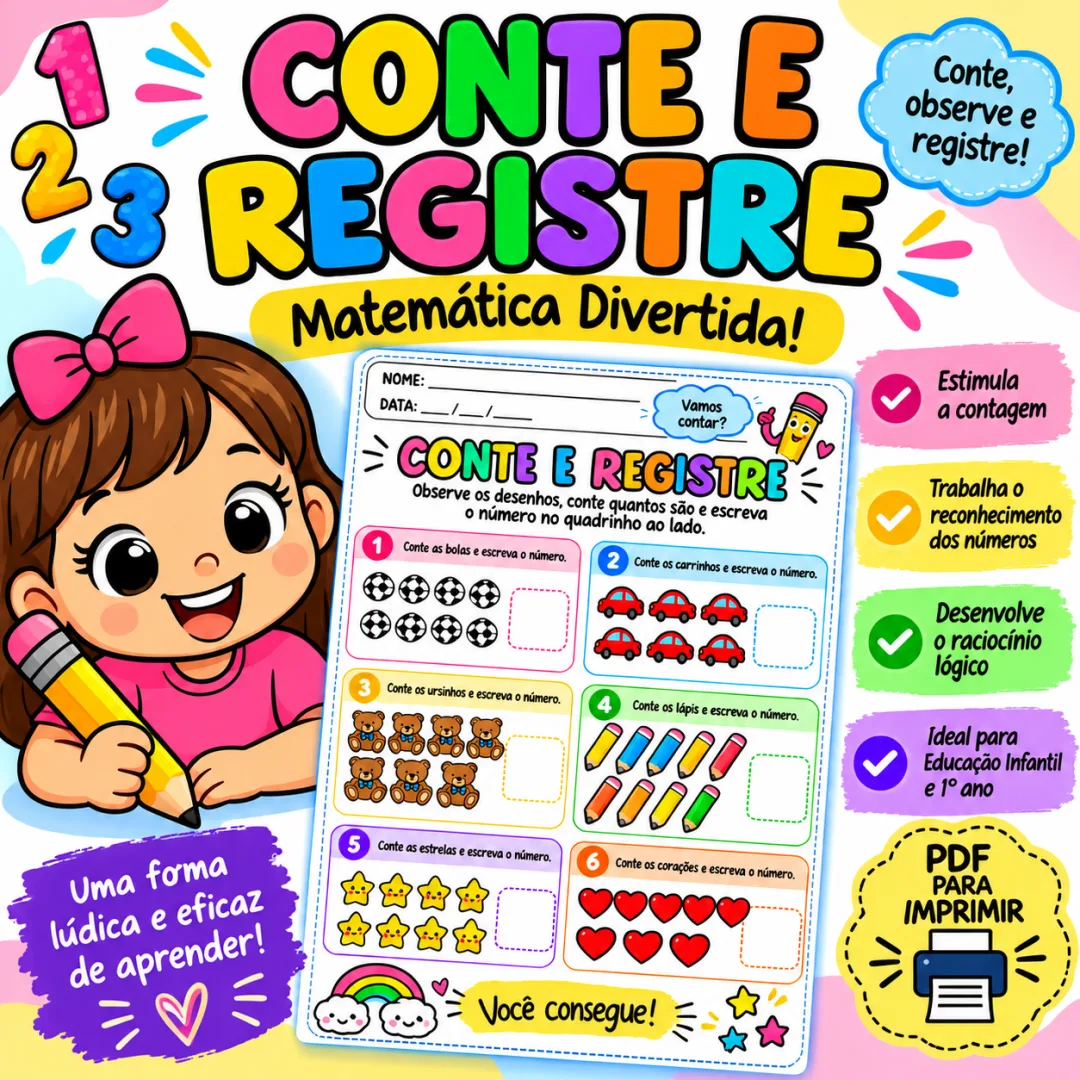 Conte e Registre: Atividade de Matemática para Educação Infantil e 1º Ano em PDF 