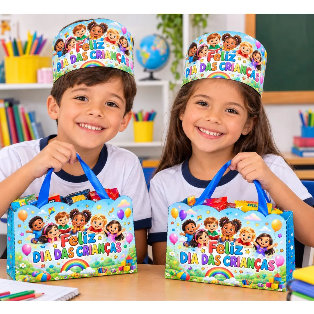 Kit Dia das Crianças – Viseira Coroa + Sacolinha Personalizada | Lembrancinha para Educação Infantil | PDF Pronto para I