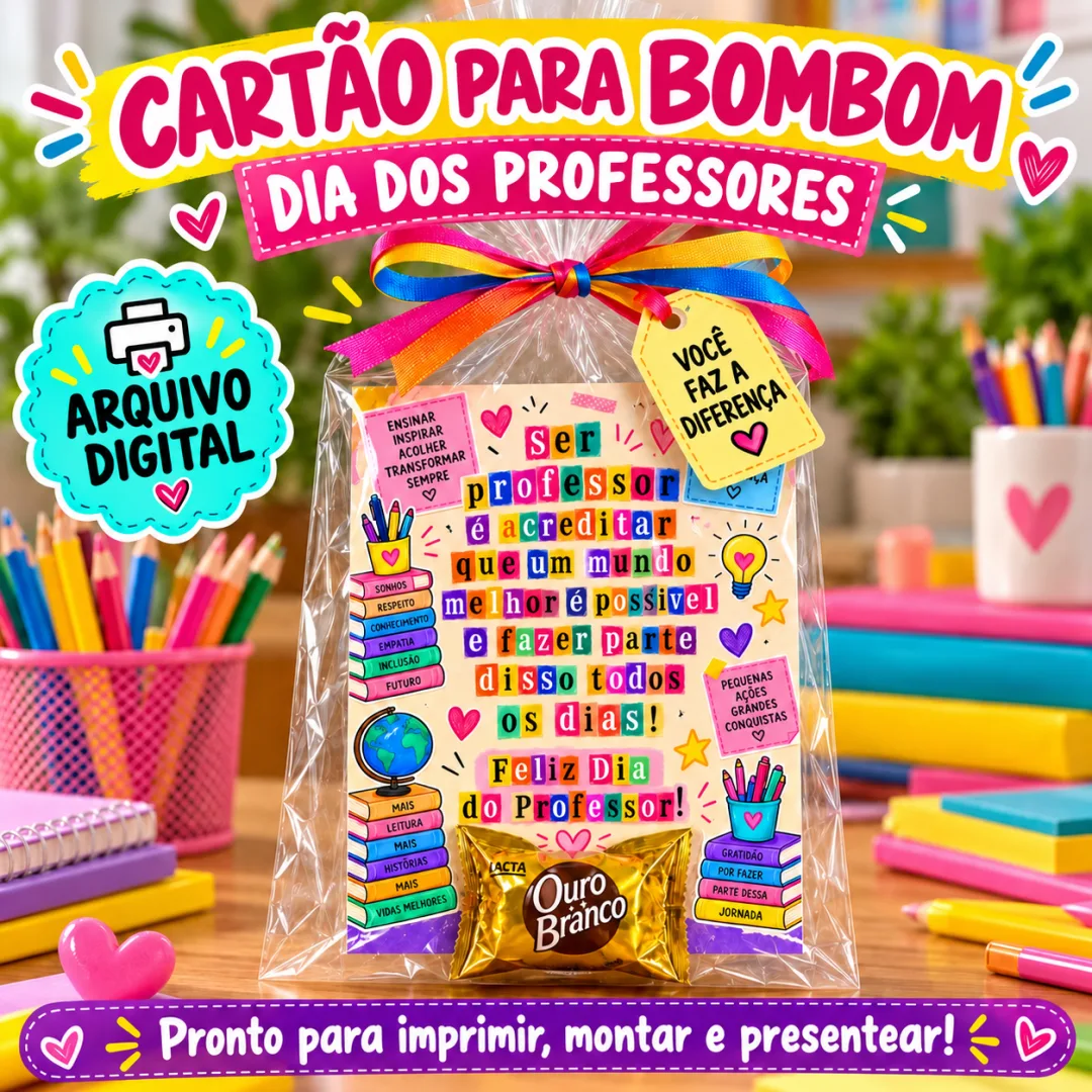 Dia dos Professores - Cartão para Bombom PDF (Ed. Infantil ao EM)