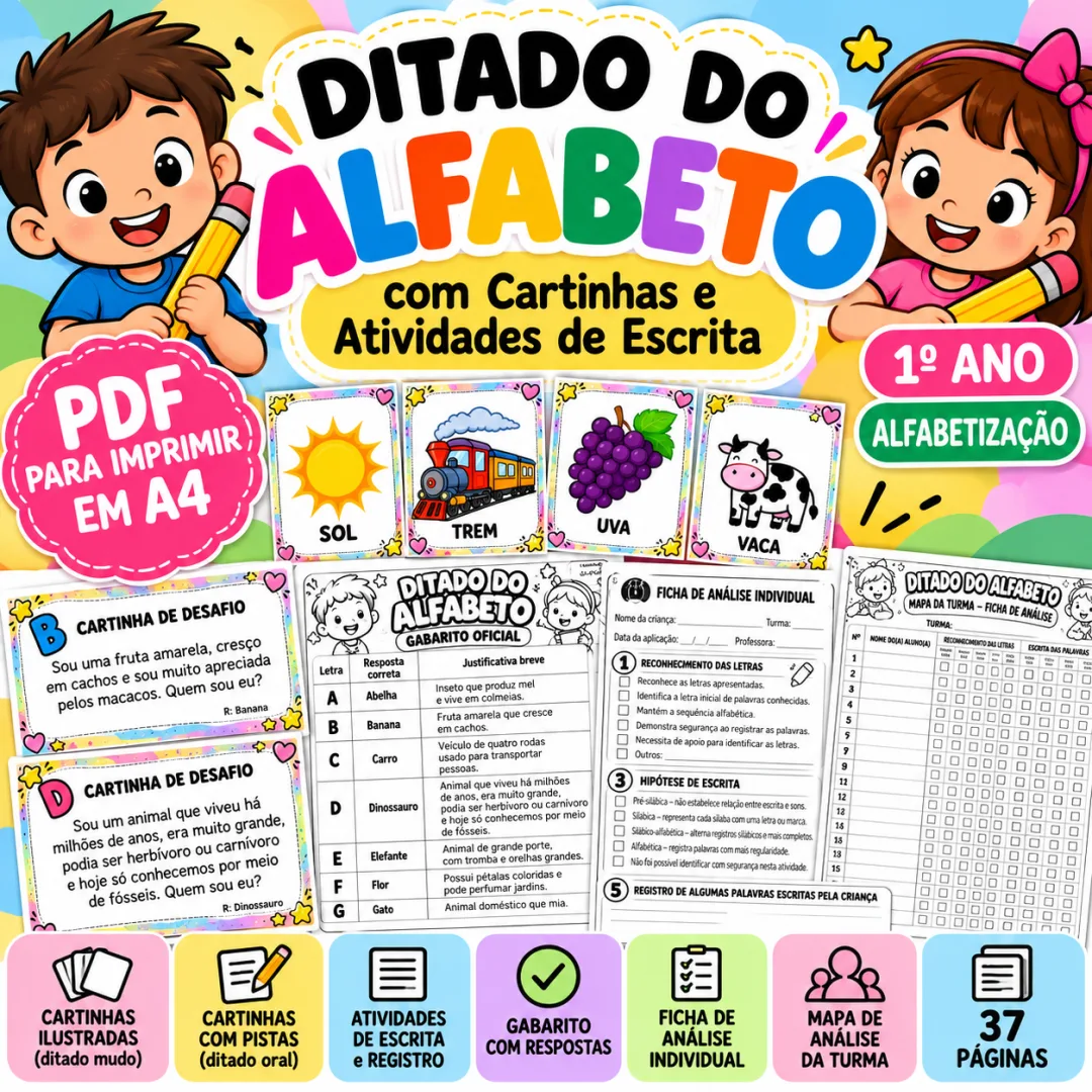 Ditado do Alfabeto com Cartinhas e Atividades de Escrita para Alfabetização em PDF