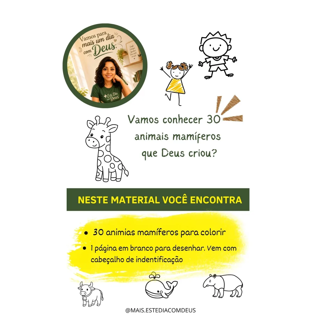30 mamíferos que Deus criou, vamos conhecer? Atividades de Desenho para Colorir - PDF