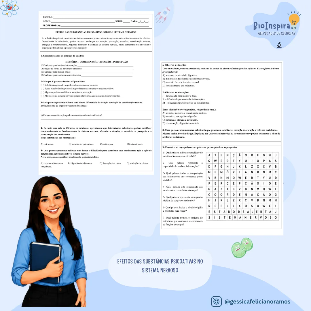 🧠 Efeitos das Substâncias Psicoativas no Sistema Nervoso: Atividade Impressa com Caça-Palavras – 6º e 7º Ano (BNCC) 📝