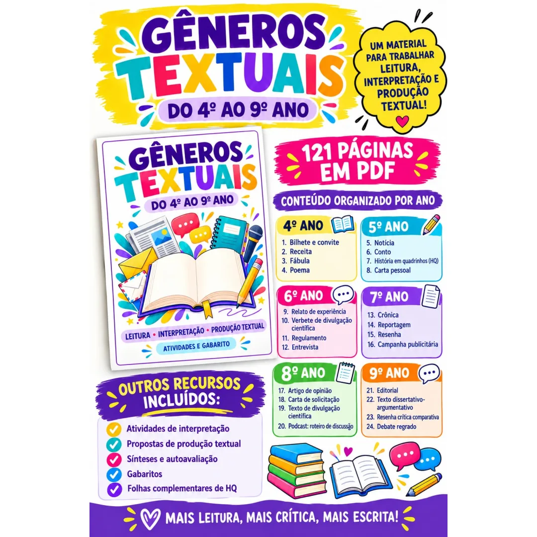 GÊNEROS TEXTUAIS — DO 4º AO 9º ANO!  UM MATERIAL PARA TRABALHAR LEITURA, INTERPRETAÇÃO E PRODUÇÃO TEXTUAL! 💜  ✨ 121 PÁG