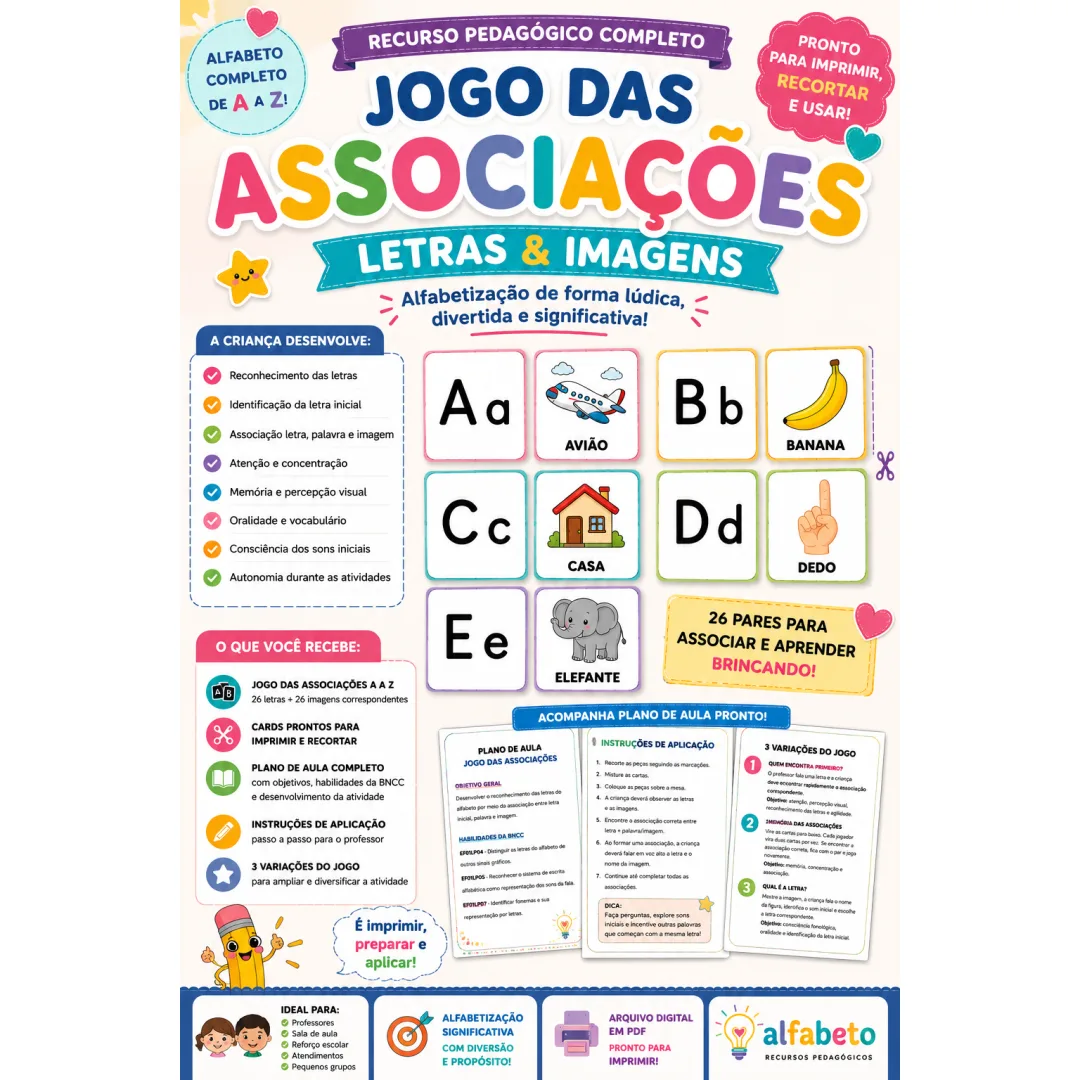🌈 JOGO DAS ASSOCIAÇÕES — LETRAS , IMAGENS & PLANO DE AULA COMPLETO