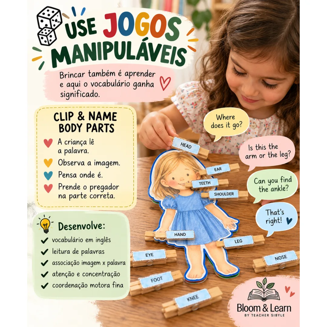 Jogo Nomear partes do corpo em português e inglês. Educação Infantil e Anos iniciais PDF