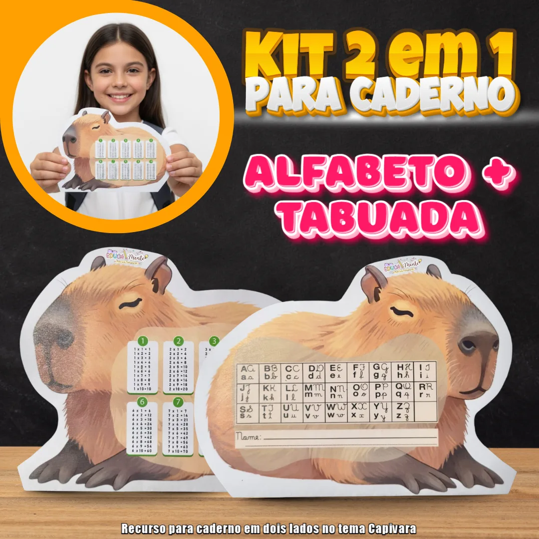 🤎 KIT 2 em 1 PARA CADERNO: ALFABETO ➕TABUADA CAPIVARA 🤎