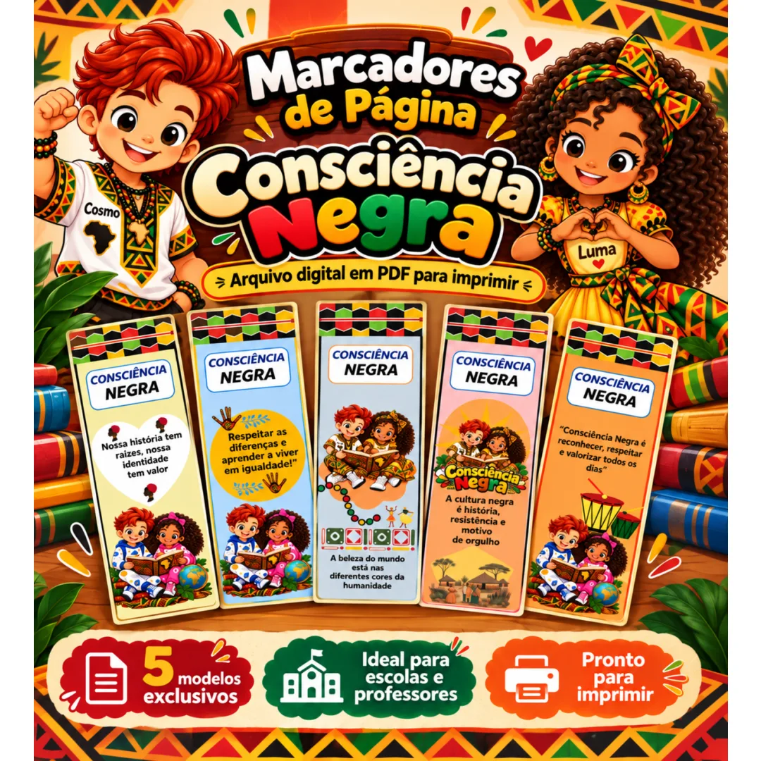 Kit 5 Marcadores de Página Consciência Negra Educação Infantil Escolar em PDF