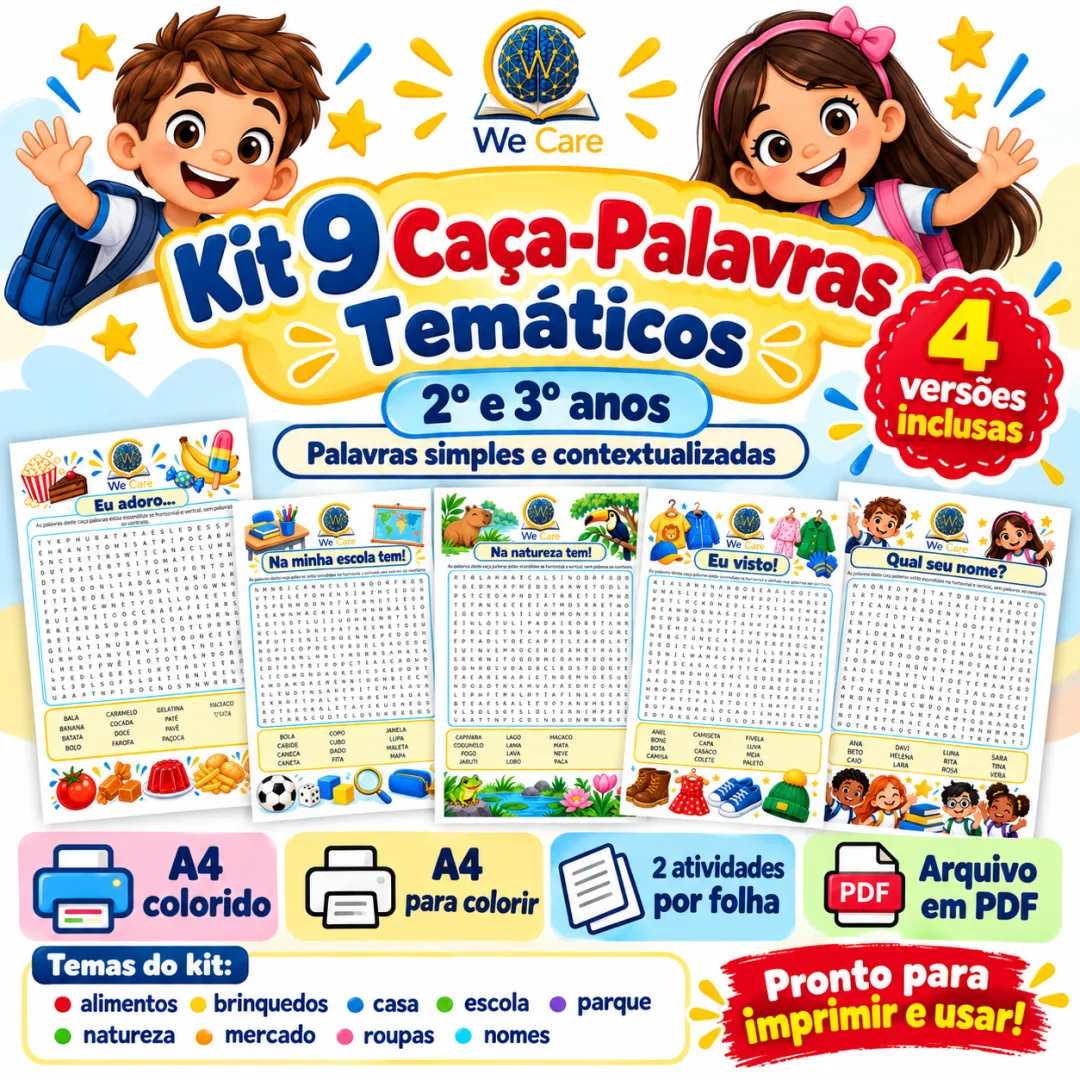 Kit 9 Caça-Palavras Temáticos – 2º e 3º Anos 4 Versões para Imprimir