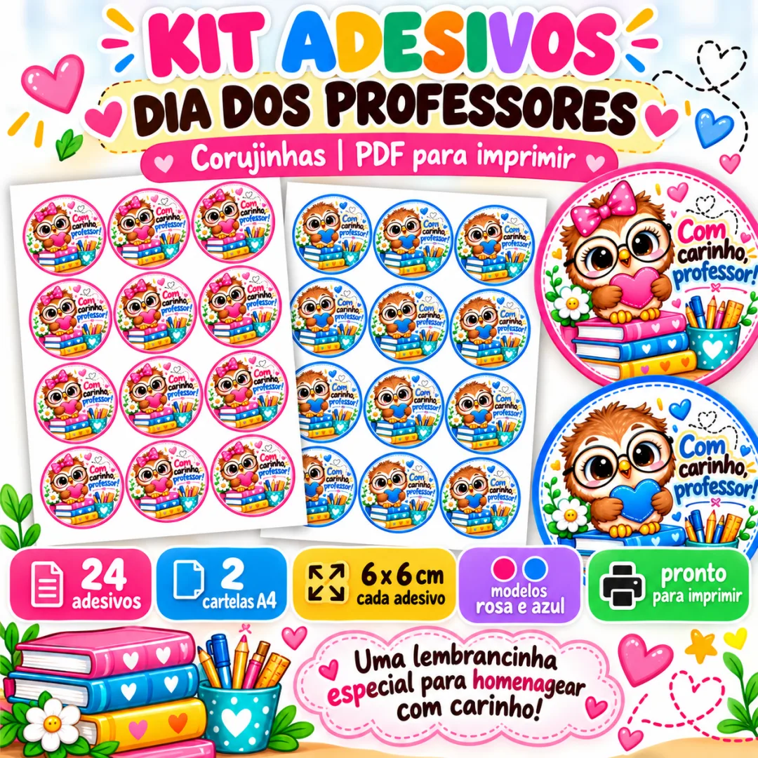 Kit Adesivos Dia dos Professores: Corujinhas 24 Adesivos Pdf para Imprimir