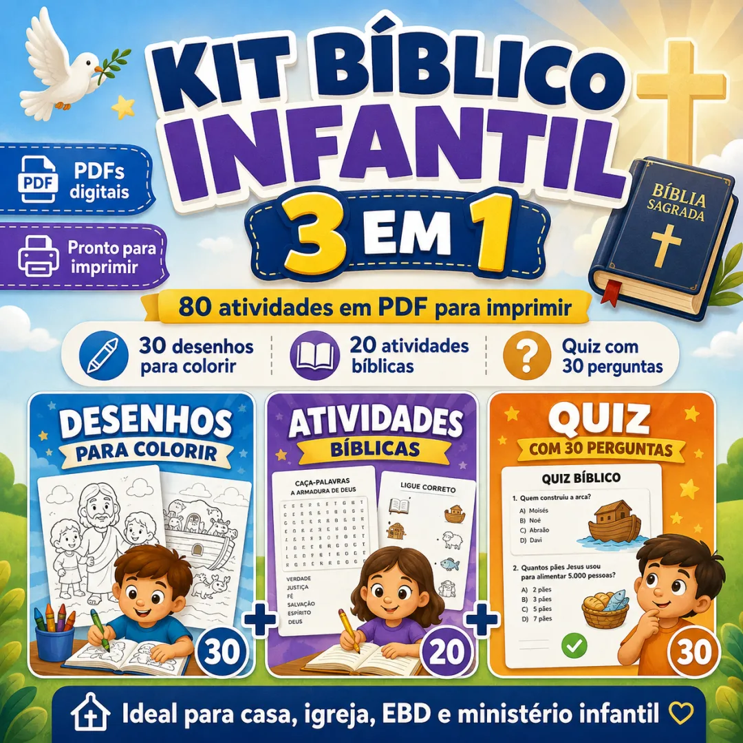 Kit Bíblico Infantil 3 em 1 | PDFs Digitais para Imprimir