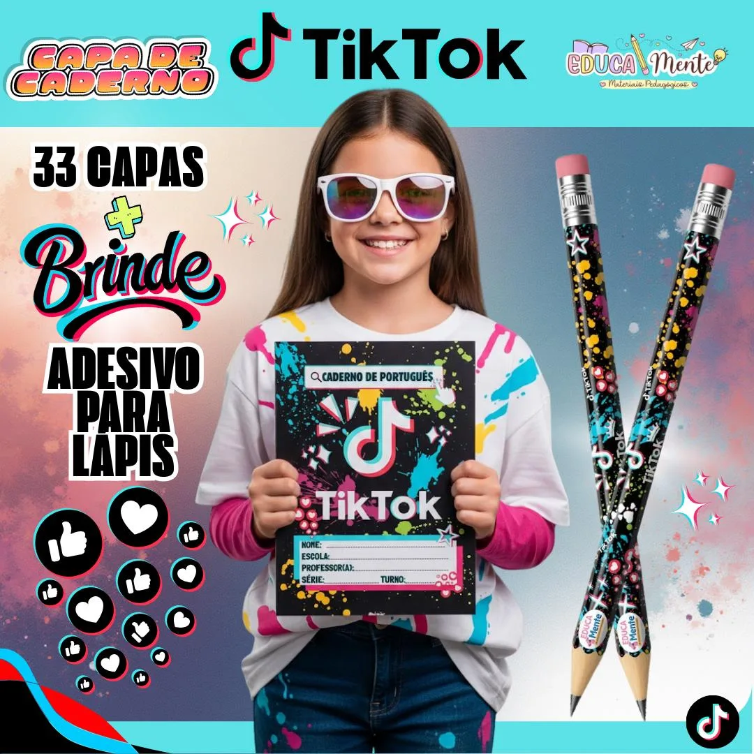 🩵🖤KIT CAPA DE CADERNO TIK TOK + BRINDE🎁