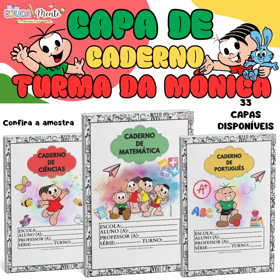 ❤️ KIT CAPA DE CADERNO TURMA DA MÔNICA ❤️